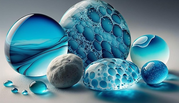 A collection of glass spheres with blue and green colors.