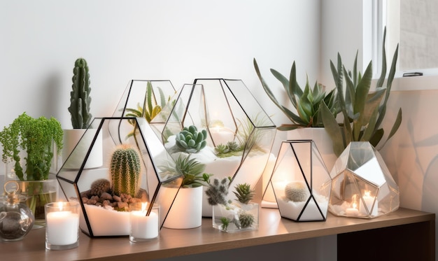 A collection of glass terrariums with a white light that says'cactus '