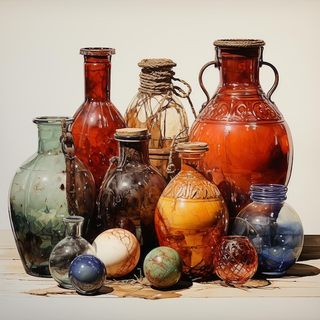 a collection of glass vases including one that says " the word " on it.