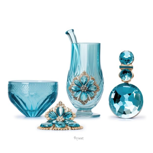 A collection of glass vases with a blue and green glass vase and a set of three other vases.