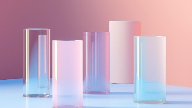 Photo a collection of glass vases with a pink background.