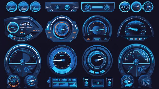 Photo a collection of glowing blue car dashboard gauges and meters