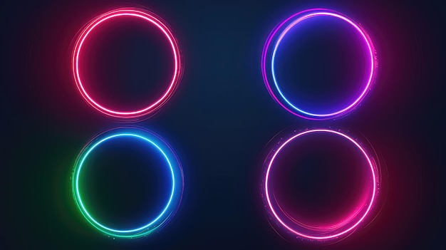 Photo collection of glowing neon frame lighting round lines on background blue redpurple green