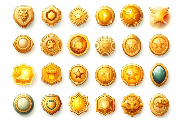 A collection of gold buttons with the word star on them.