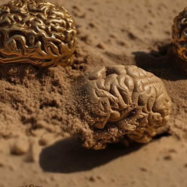 Коллекция золотых металлических объектов мозга в песке.