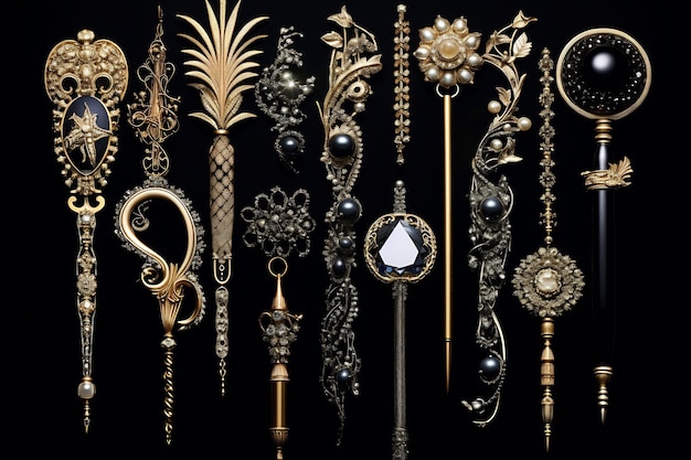 a collection of gold and silver jewelry with a white diamond