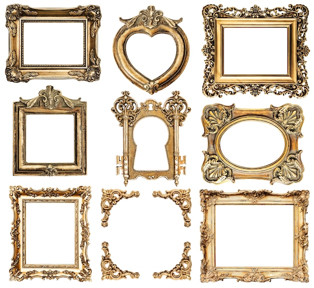 Collection of golden frames isolated on white background. baroque style antique objects. vintage background