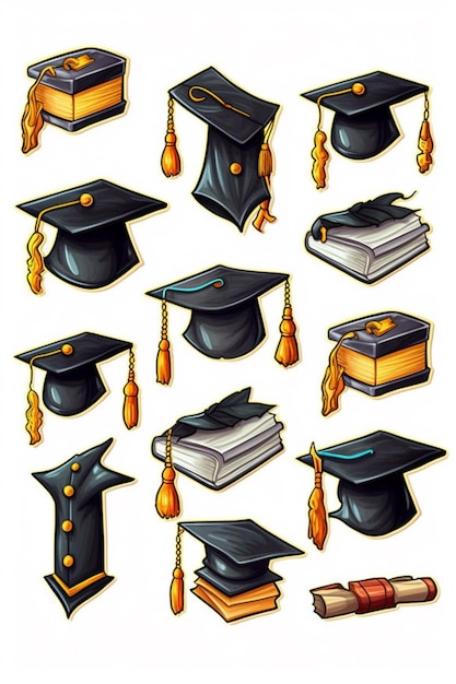 A collection of graduation caps with one that says " college " on it.