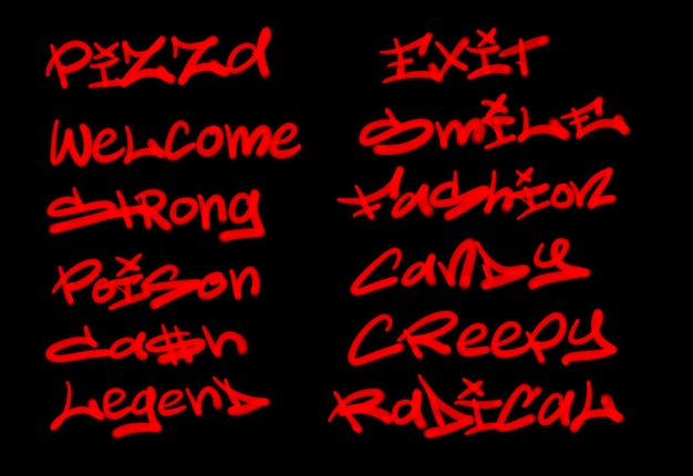 Photo collection of graffiti street art tags with words and symbols in red color on black