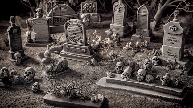 A collection of graves with skulls and skulls