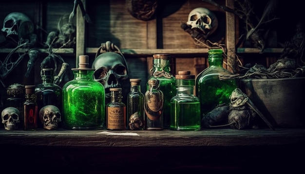 A collection of green bottles with a skull on the top On the vintage shelf