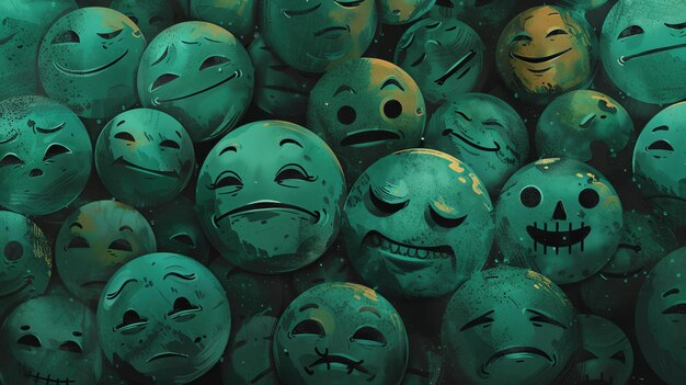 Photo a collection of green emoji faces with different expressions the faces are arranged in a random order and have a grunge texture