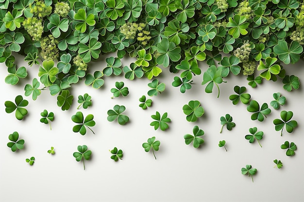 Collection of green shamrocks scattered on a white background St Patricks Day