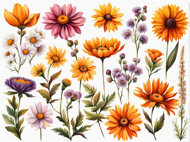 a collection of grunge oil painted wildflowers flowers isolated on a transparent background