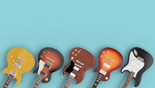 Collection of guitars on a blue background. 