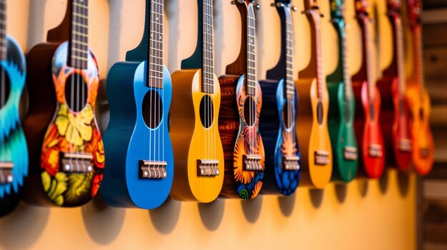 Photo a collection of guitars hanging in a harmonious display on a wall