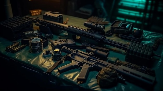 Foto una collezione di pistole su un tavolo con uno sfondo verde