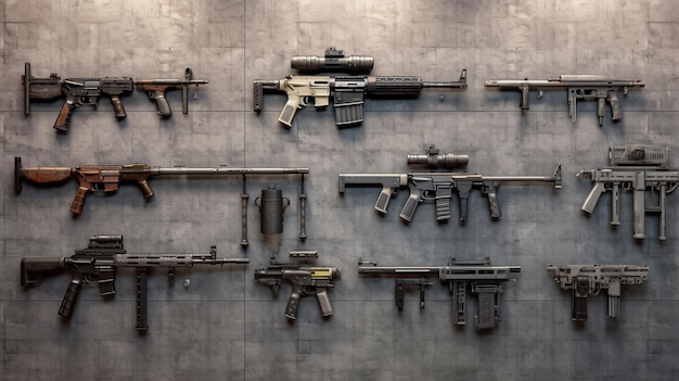 a collection of guns on a wall with a wall behind them.