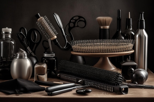 A collection of hair brushes and brushes are on a table.