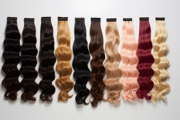 a collection of hair extensions arranged in a row against a neutral background