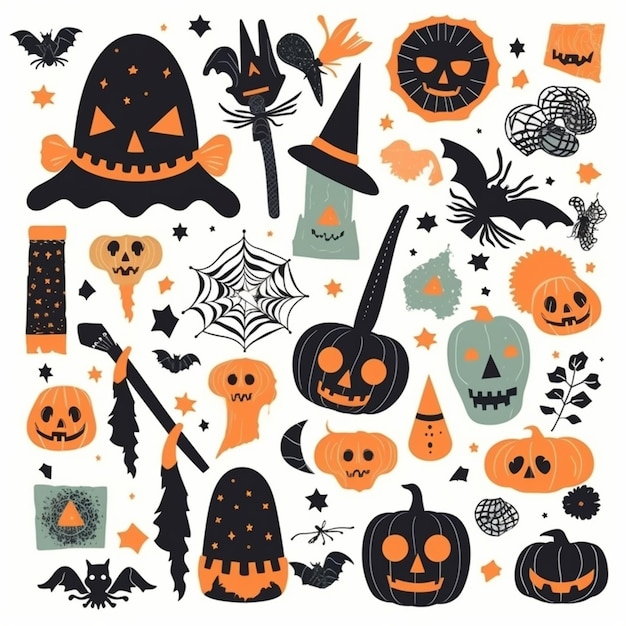 A collection of halloween icons including pumpkins, bats, bats, and pumpkins.