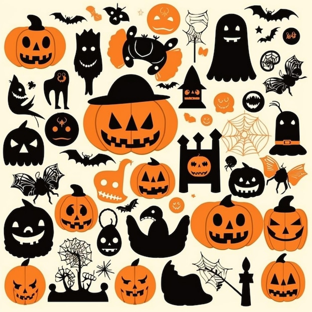 A collection of halloween objects including pumpkins, bats, bats, and a bat.