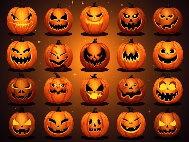 Collection of halloween pumpkins carved faces silhouettes black isolated halloween