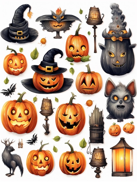 a collection of halloween pumpkins