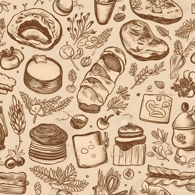 A collection of hand drawn food and drinks.