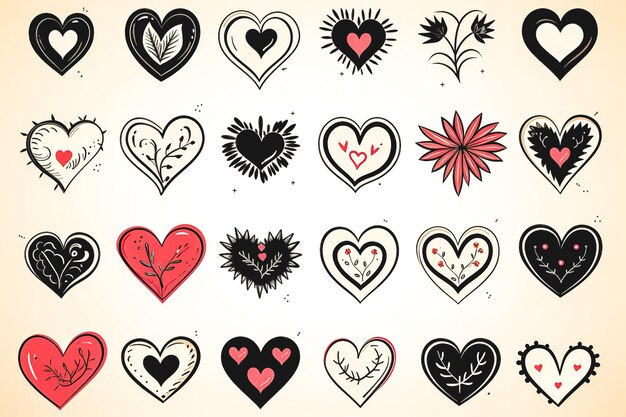 Collection of hand drawn hearts in flat style