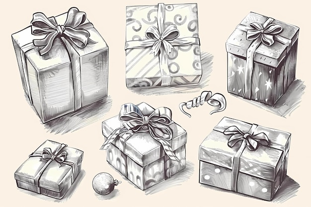 Photo a collection of hand drawn illustrations of presents