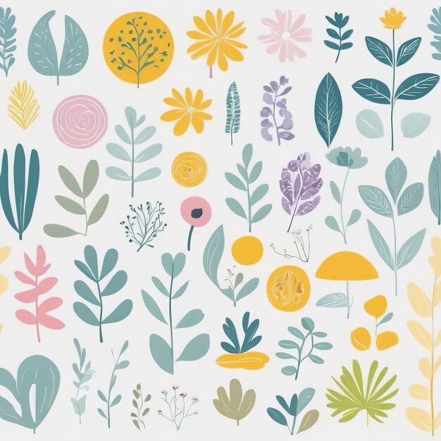 A collection of Hand drawn seamless pattern colorful abstract plants and flowers