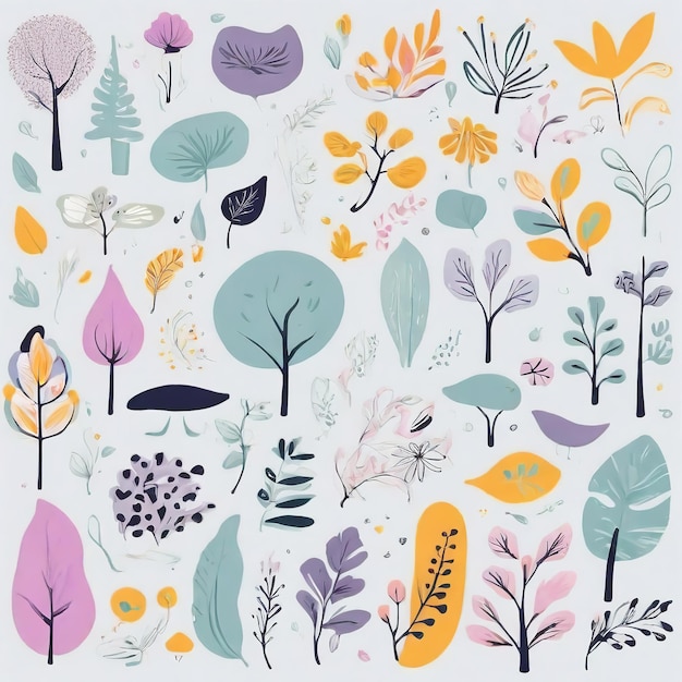 Photo a collection of hand drawn seamless pattern colorful abstract plants and flowers