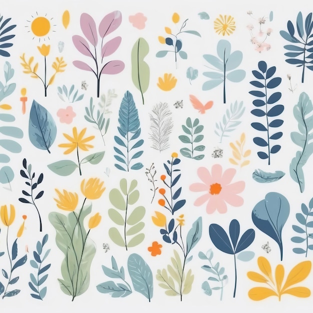 手描きのシームレスパターンのコレクション 色とりどりの抽象的な植物と花