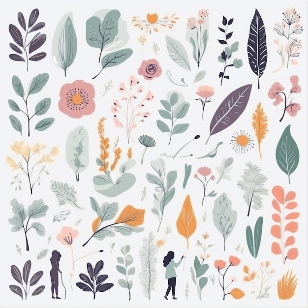 손으로 그린 무 무 모양의 다채로운 추상적인 식물과 꽃의 컬렉션