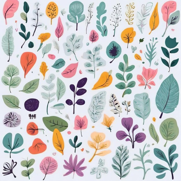 A collection of Hand drawn seamless pattern colorful abstract plants and flowers