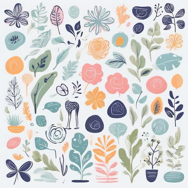 Photo a collection of hand drawn seamless pattern colorful abstract plants and flowers