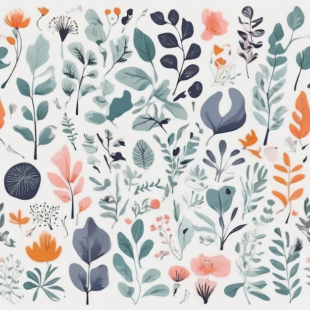 A collection of Hand drawn seamless pattern colorful abstract plants and flowers