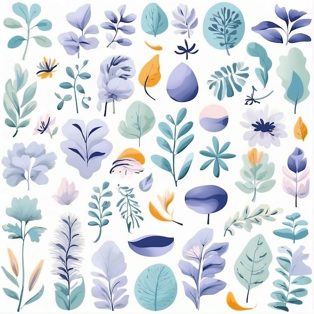 A collection of Hand drawn seamless pattern colorful abstract plants and flowers