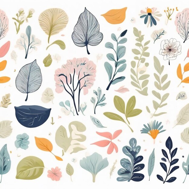 Foto una collezione di piante e fiori astratti colorati disegnati a mano con motivi senza cuciture