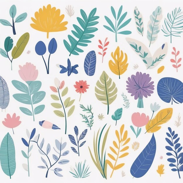 Photo a collection of hand drawn seamless pattern colorful abstract plants and flowers