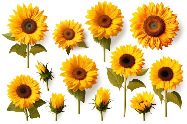 Photo collection of hand drawn sunflowers flowers isolated on a white background