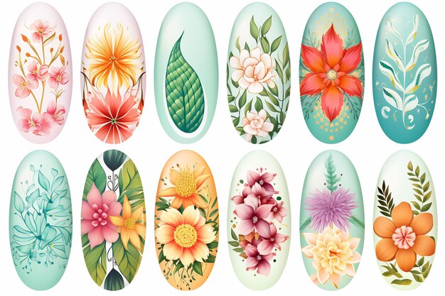 a collection of hand painted flowers and leaves