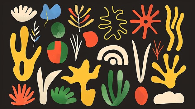 A collection of handdrawn abstract organic shapes The shapes are simple and bold with a limited color palette