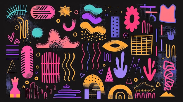 A collection of handdrawn abstract shapes and illustrations The elements are colorful and have a variety of textures The background is black