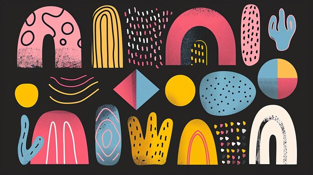 Photo a collection of handdrawn abstract shapes the shapes are colorful and have a variety of textures they are arranged in a playful and whimsical way