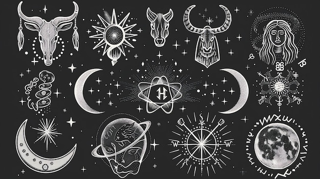 Photo a collection of handdrawn occult symbols and illustrations including a bull a crescent moon a sun and a womans face