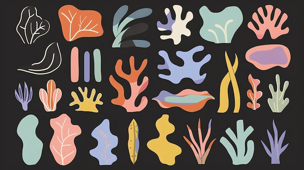 A collection of handdrawn organic shapes in a variety of colors