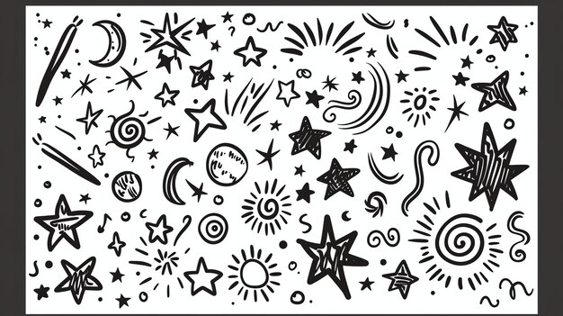 A collection of handdrawn stars moons suns and other celestial objects