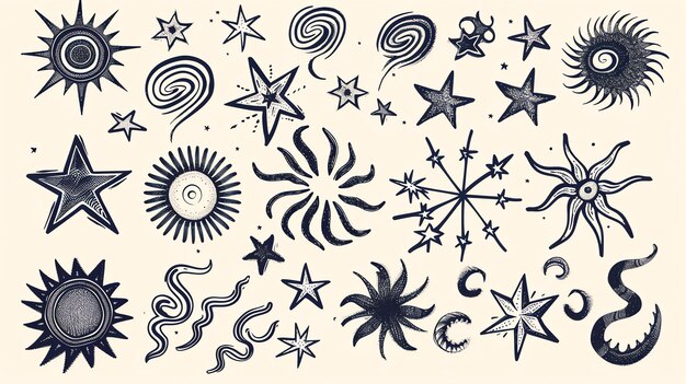 A collection of handdrawn stars and suns The stars are of various shapes and sizes and the suns are depicted with different levels of detail